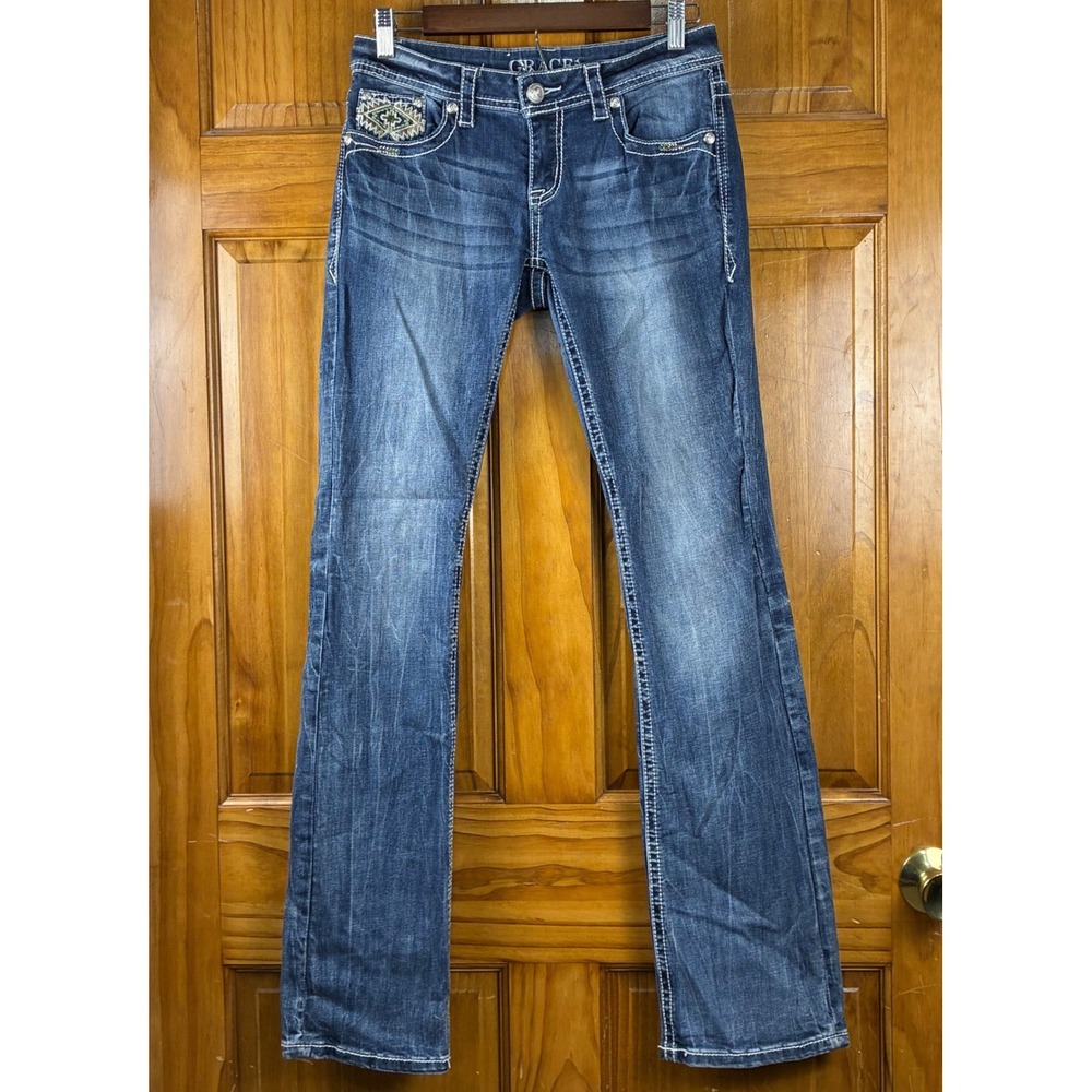 Grace in LA Bootcut Jeans Size 27 Blue Embroidered Pockets Western Denim Rodeo